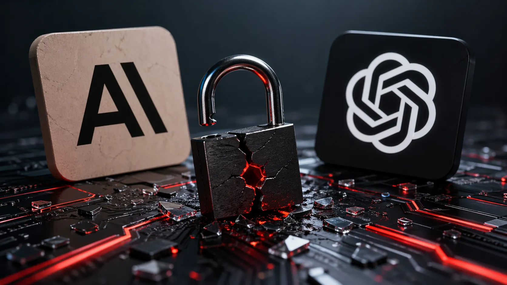 Cracked padlock glowing red on a circuit board between two abstract AI symbols in a dark, dramatic setting